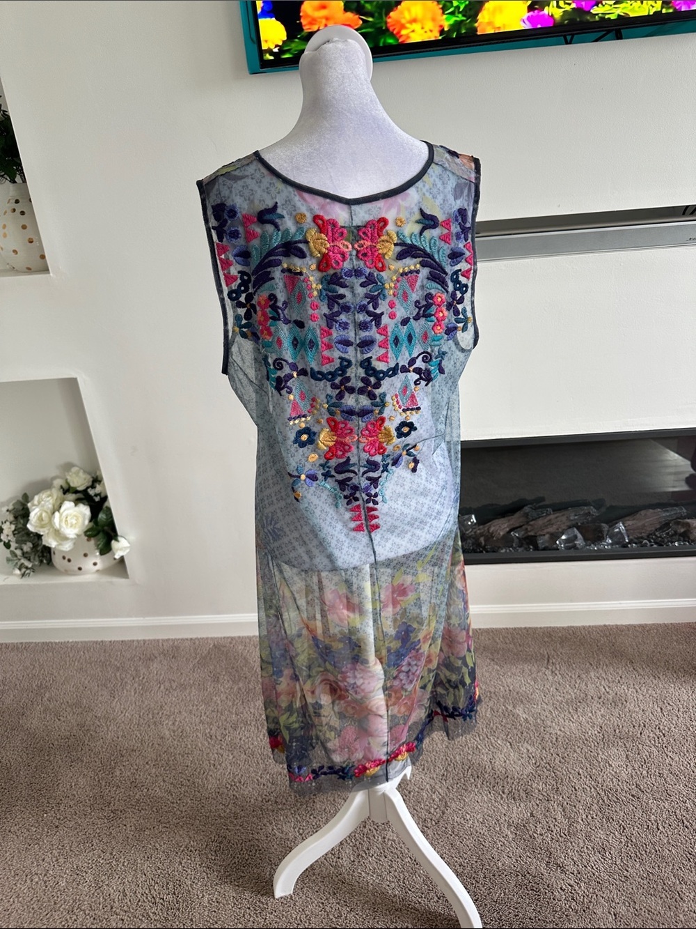 Johnny Was Sheer Floral Embroidered Maxi Dress in Blue, Pink, Green - Picture 4 of 8